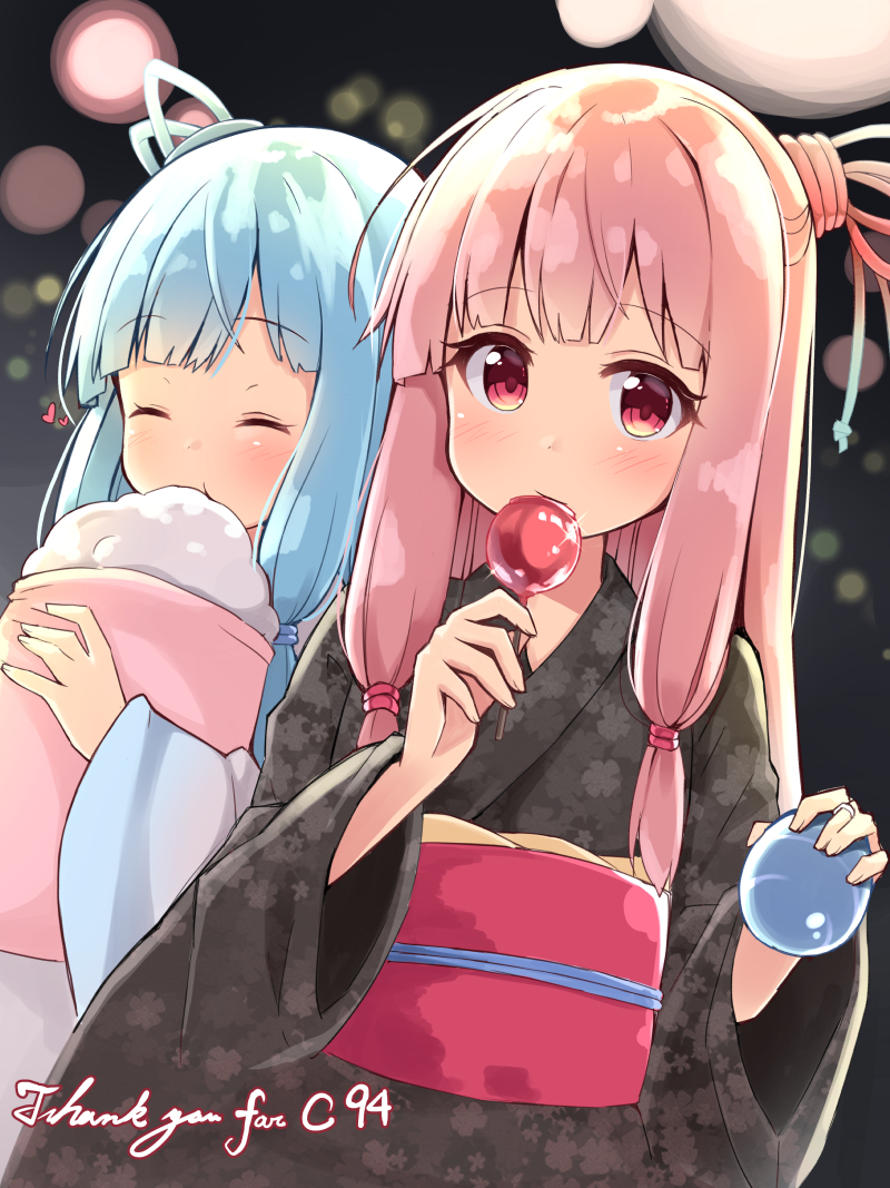 2girls bangs black_kimono blue_eyes blue_kimono blue_ribbon candy_apple closed_eyes closed_mouth commentary_request eating english eyebrows_visible_through_hair flower food hair_ribbon holding holding_food japanese_clothes kimono kotonoha_akane kotonoha_aoi long_hair long_sleeves multiple_girls obi ominaeshi_(takenoko) pink_hair pink_ribbon print_kimono red_eyes ribbon sash sidelocks thank_you tress_ribbon very_long_hair voiceroid wide_sleeves