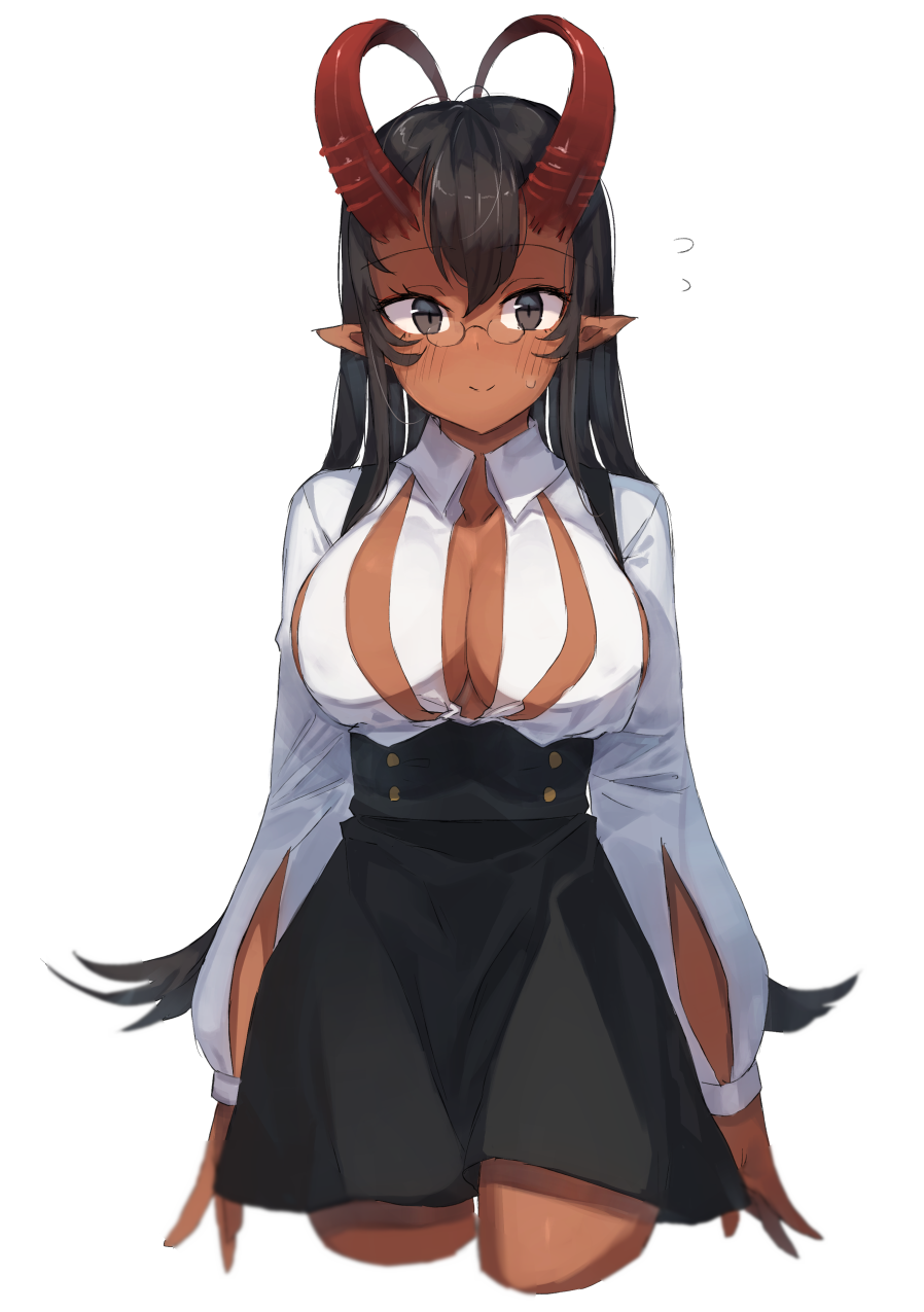 1girl arms_at_sides black_eyes black_hair black_skirt blush breasts closed_mouth cowboy_shot cropped_legs dark_skin flying_sweatdrops glasses high-waist_skirt highres horns kasuka_(kusuki) large_breasts long_hair long_sleeves looking_at_viewer original pointy_ears round_eyewear shirt simple_background skirt smile solo standing white_background white_shirt