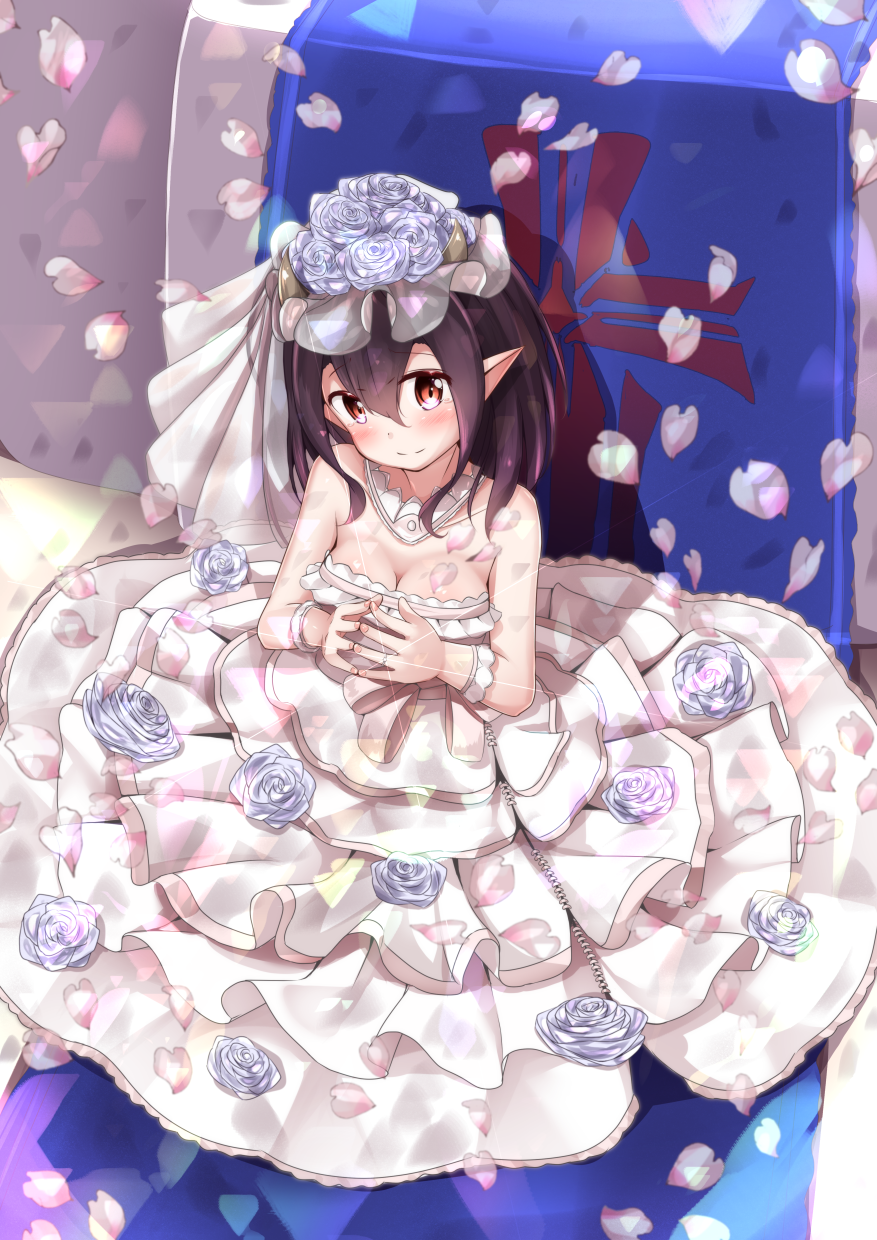 1girl azur_lane bare_shoulders blue_flower blue_rose blush breasts bridal_veil brown_hair cleavage closed_mouth commentary_request detached_collar dress flower glint hair_flower hair_ornament head_tilt highres isuzu_(azur_lane) jewelry layered_dress medium_breasts mochiyuki petals pleated_dress pointy_ears red_eyes ring rose see-through smile solo strapless strapless_dress veil wedding_band wedding_dress white_dress