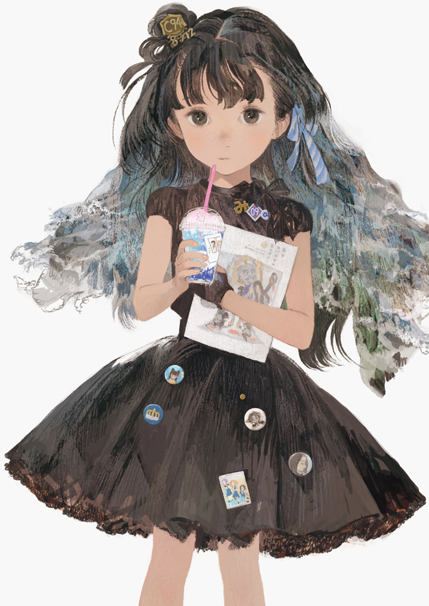 1girl big_hair black_dress black_eyes black_gloves black_hair book closed_mouth comiket_94 commentary_request cowboy_shot cup dress drinking_straw fingerless_gloves gloves grey_background hair_ornament highres holding holding_book long_hair looking_at_viewer matayoshi original pin short_sleeves simple_background single_glove solo