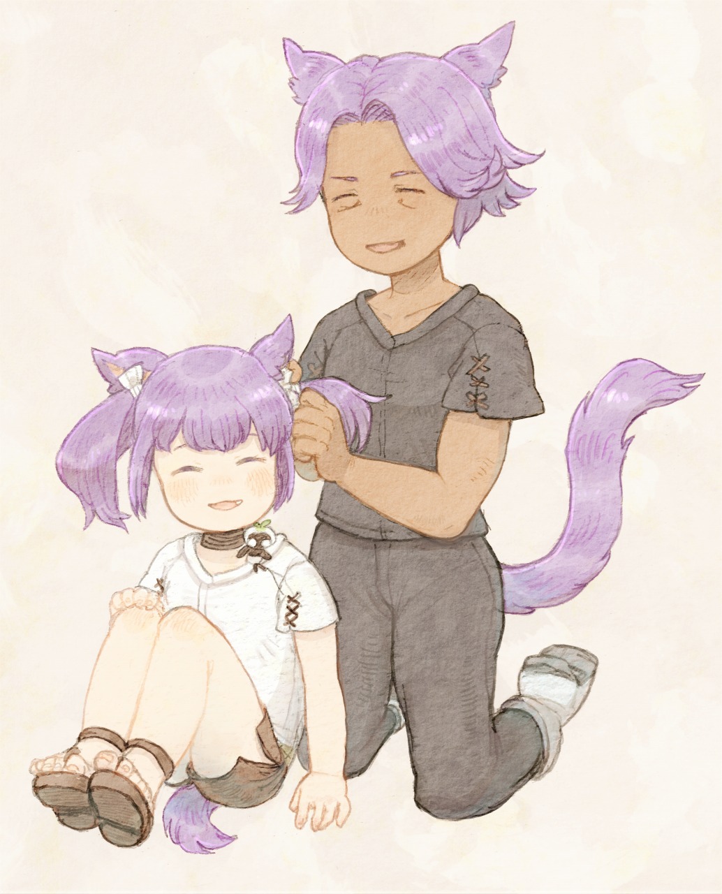 1boy 1girl adjusting_another's_hair animal_ears brother_and_sister cat_ears cat_tail choker dark_skin facial_mark fang final_fantasy final_fantasy_xiv highres kneeling miqo'te mozuku_(mozuuru0323) open_mouth purple_hair sandals short_hair shorts siblings simple_background sitting tail two_side_up