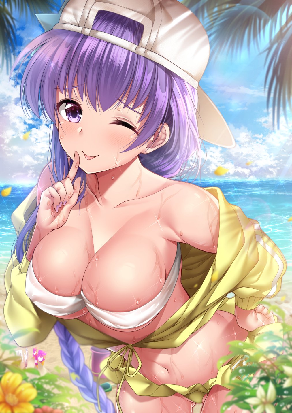 1girl backwards_hat bangs bare_shoulders baseball_cap bb_(swimsuit_mooncancer)_(fate) beach blue_sky blush braid breasts cleavage collarbone cropped_jacket fate/extra fate/extra_ccc fate/grand_order fate_(series) finger_to_mouth flower garana hand_on_hip hat highres hips index_finger_raised jacket large_breasts long_hair looking_at_viewer navel ocean off_shoulder one_eye_closed palm_tree purple_hair shushing skirt sky smile solo star star_hat_ornament sunlight sweat tongue tongue_out tree very_long_hair violet_eyes waist white_bikini_top white_hat yellow_jacket yellow_skirt