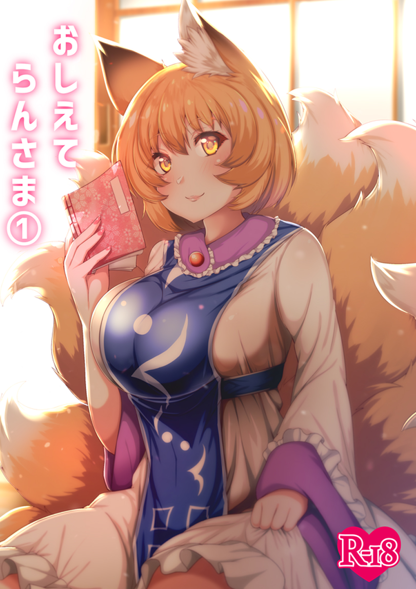 1girl animal_ear_fluff animal_ears black_border blonde_hair border breasts brooch closed_mouth commentary_request cover cover_page door doujin_cover dress fox_ears fox_tail frilled_dress frills jewelry large_breasts light_blush lips long_sleeves looking_at_viewer multiple_tails no_hat no_headwear notebook short_hair sitting smile solo tabard tail touhou translated white_dress wide_sleeves wildcat_(kusonemi) yakumo_ran yellow_eyes