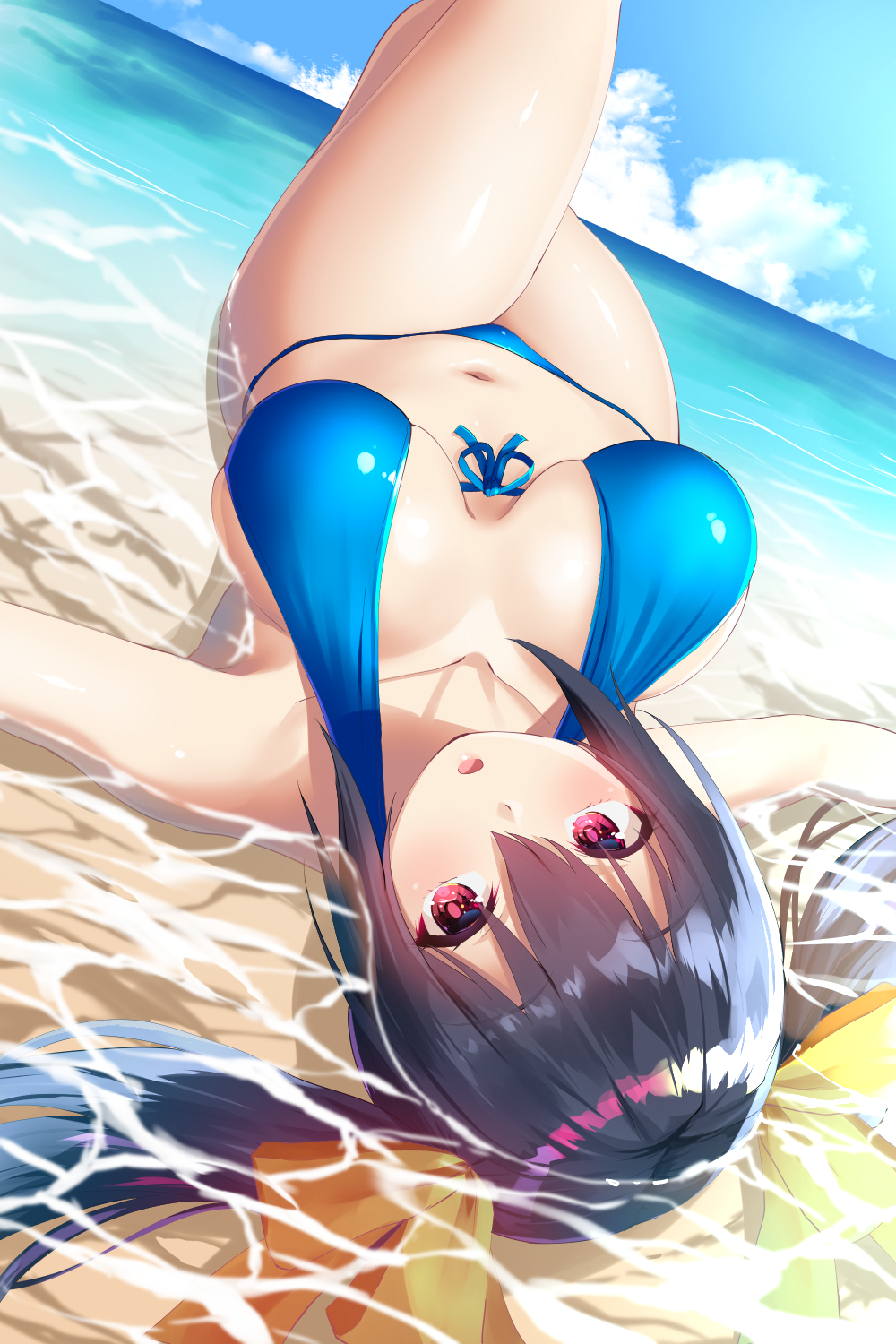 1girl beach bikini black_hair blue_bikini breasts breasts_apart commentary_request day dutch_angle eyebrows_visible_through_hair front-tie_bikini front-tie_top hair_between_eyes hair_ribbon highres horizon large_breasts looking_at_viewer lying navel neptune_(series) noire ocean oekakizuki on_back on_water open_mouth outdoors outstretched_arms partially_submerged pink_eyes red_eyes ribbon sand solo swimsuit twintails upside-down