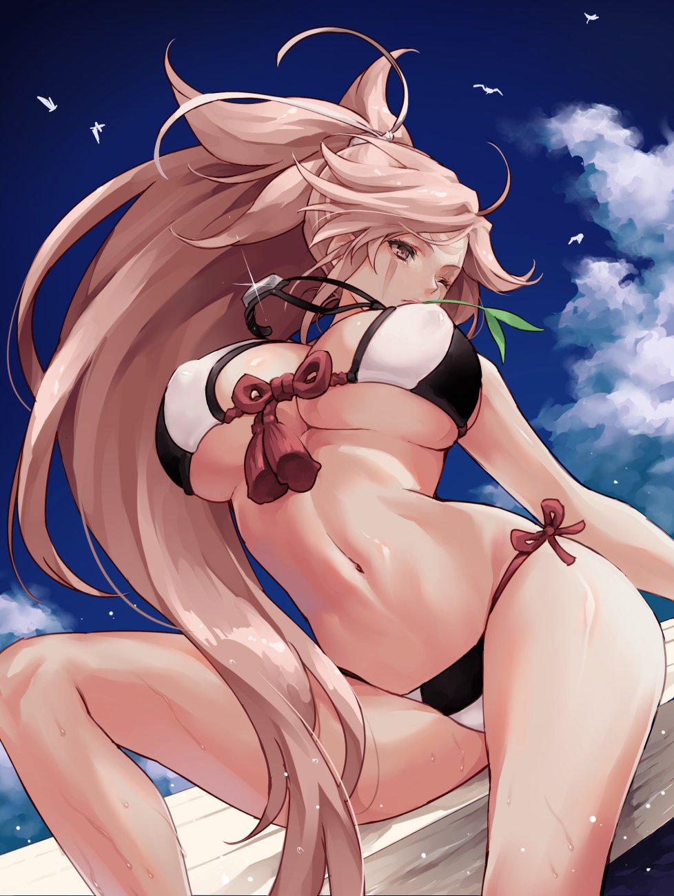 1girl alternate_costume amputee baiken bare_shoulders big_hair bikini bird blue_sky breasts cleavage clouds facial_tattoo from_below guilty_gear guilty_gear_xrd hair_tie highres jako_(toyprn) jewelry large_breasts long_hair midriff multicolored multicolored_bikini multicolored_clothes navel necklace ocean one-eyed outdoors pink_eyes pink_hair ponytail scar scar_across_eye shiny sideboob sitting sky swimsuit tattoo under_boob very_long_hair wood