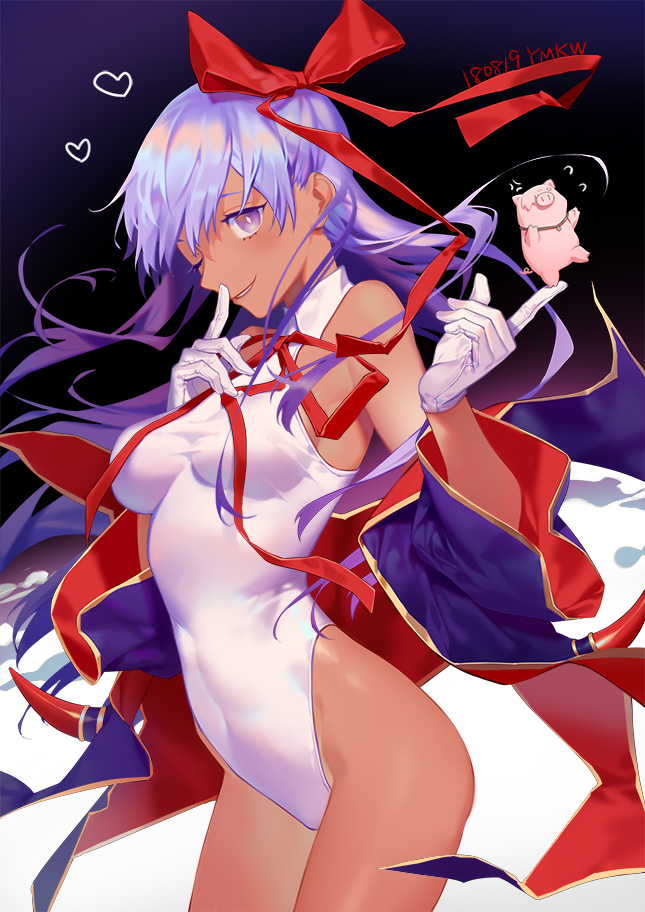 1girl bare_shoulders bb_(fate/extra_ccc) bb_(swimsuit_mooncancer)_(fate) breasts bright_pupils commentary_request covered_navel cowboy_shot dated fate/grand_order fate_(series) finger_to_mouth flying_sweatdrops gloves hair_ribbon highleg highleg_leotard index_finger_raised leotard long_hair looking_at_viewer medium_breasts one_eye_closed parted_lips pig purple_hair red_ribbon ribbon shushing signature smile solo standing violet_eyes white_gloves white_leotard yamakawa