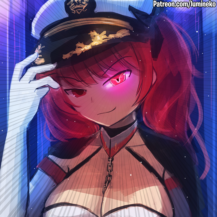 1girl azur_lane breasts chains cleavage code_geass collar commentary elbow_gloves emphasis_lines evil_smile geass gloves glowing glowing_eye hat honolulu_(azur_lane) large_breasts lelouch_lamperouge looking_at_viewer lumineko peaked_cap red_eyes redhead smile twintails upper_body white_gloves