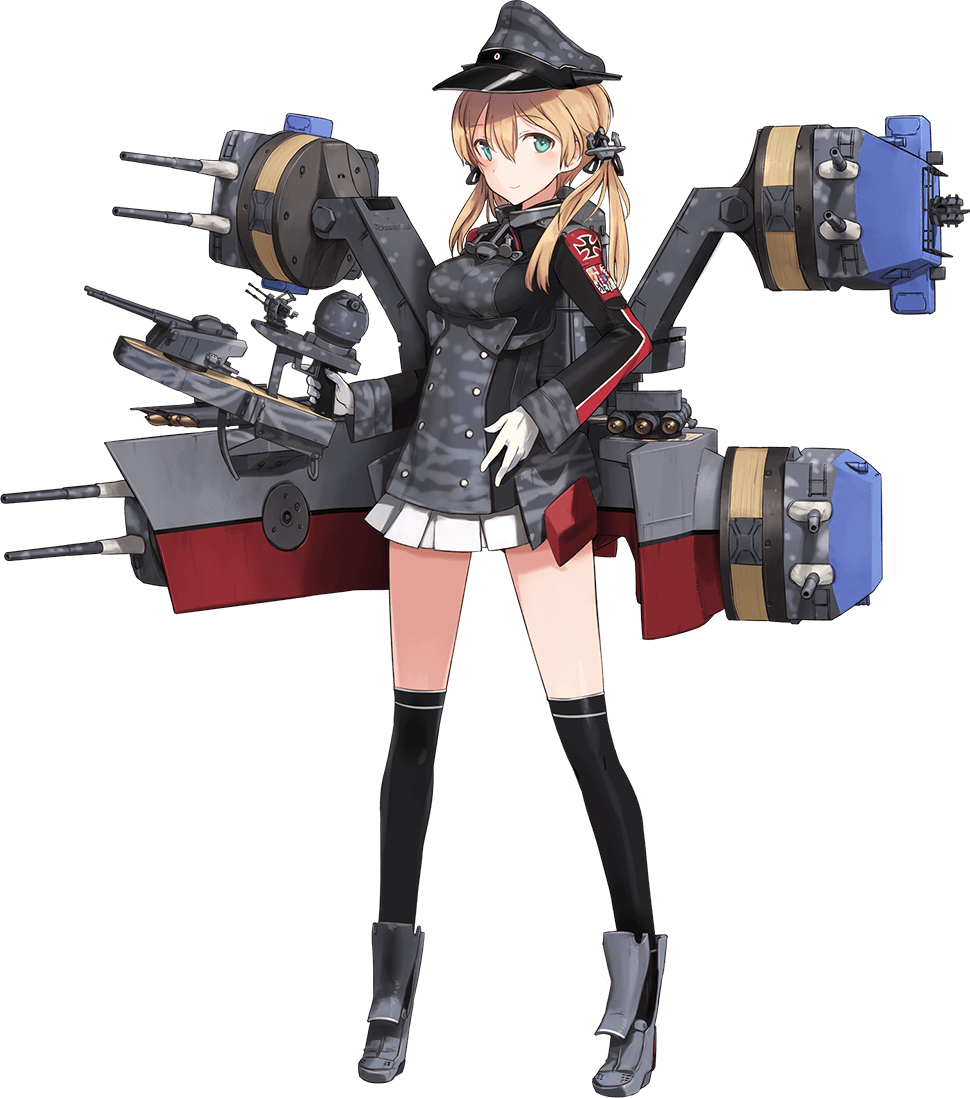 1girl anchor anchor_hair_ornament black_legwear black_skirt blonde_hair blue_eyes camouflage full_body gloves hair_ornament hand_on_hip hat iron_cross kantai_collection long_sleeves looking_at_viewer machinery military military_hat military_uniform miniskirt official_art peaked_cap pleated_skirt prinz_eugen_(kantai_collection) remodel_(kantai_collection) shimada_fumikane skirt smile solo thigh-highs transparent_background twintails uniform white_gloves