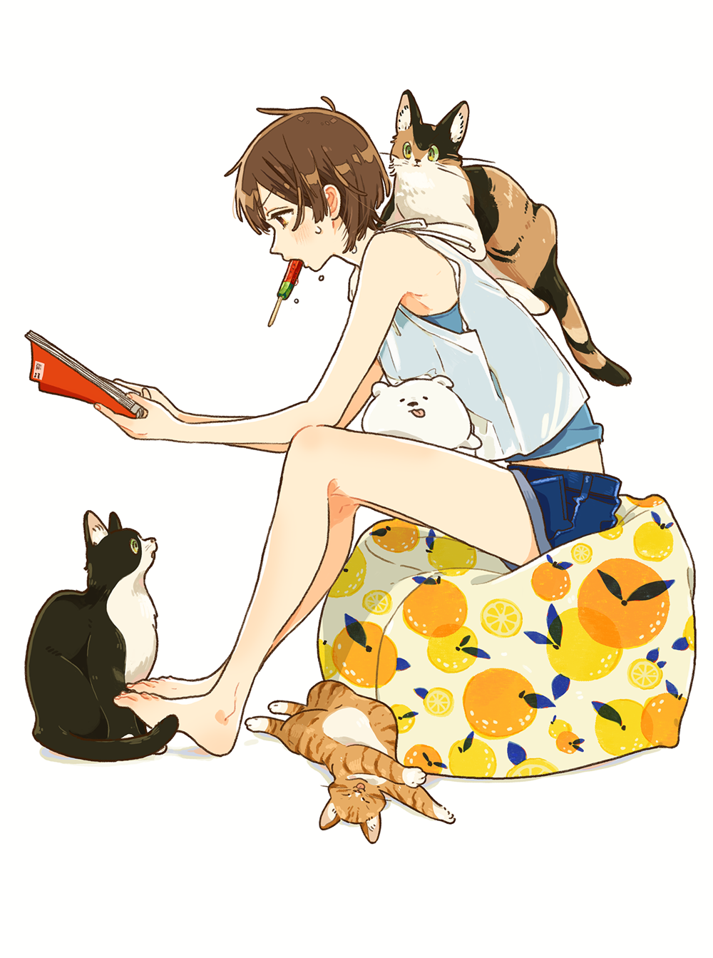 1girl bare_arms barefoot blue_shirt blue_shorts blush book brown_hair cat commentary_request food from_side highres holding holding_book inflatable_chair keishin popsicle reading shirt short_hair shorts sitting solo stuffed_animal stuffed_toy sweatdrop watermelon_bar