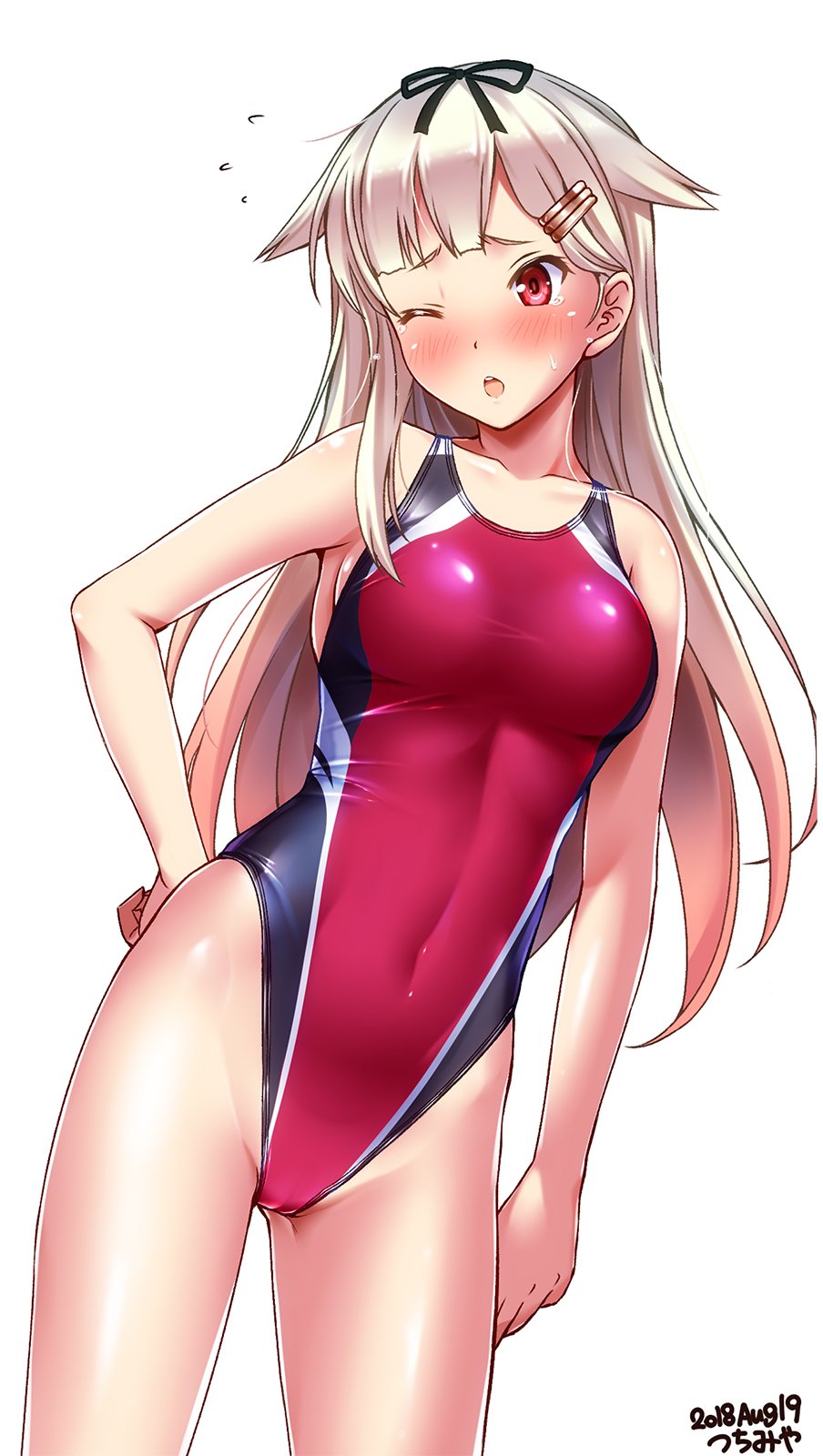 1girl artist_name black_ribbon blonde_hair blush breasts collarbone competition_swimsuit covered_navel cowboy_shot dated eyebrows_visible_through_hair hair_flaps hair_ornament hair_ribbon hairclip hand_on_hip highleg highleg_swimsuit highres kantai_collection long_hair looking_at_viewer medium_breasts messy_hair one-piece_swimsuit one_eye_closed open_mouth red_eyes red_swimsuit ribbon simple_background smile solo standing sweatdrop swimsuit tears tsuchimiya white_background yuudachi_(kantai_collection)