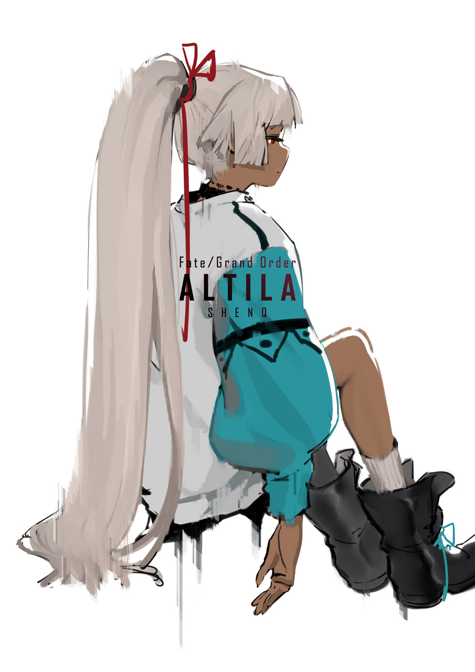 1girl altera_(fate) baggy_clothes bangs boots closed_mouth dark_skin fate/extella fate/extra fate/grand_order fate_(series) hair_ribbon highres invisible_chair jacket legs long_hair ponytail red_eyes red_ribbon ribbon shenq simple_background sitting socks solo tagme tan tied_hair white_background white_hair