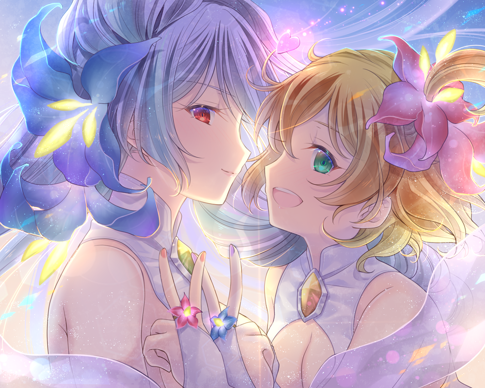 2girls :d blonde_hair blue_flower breasts cleavage cleavage_cutout flower freyja_wion green_eyes hair_between_eyes hair_flower hair_ornament jewelry looking_at_viewer looking_to_the_side macross macross_delta medium_breasts mikumo_guynemer multiple_girls nail_polish open_mouth orange_nails pink_flower purple_nails red_eyes short_hair silver_hair sleeveless smile soukuu_kizuna upper_body