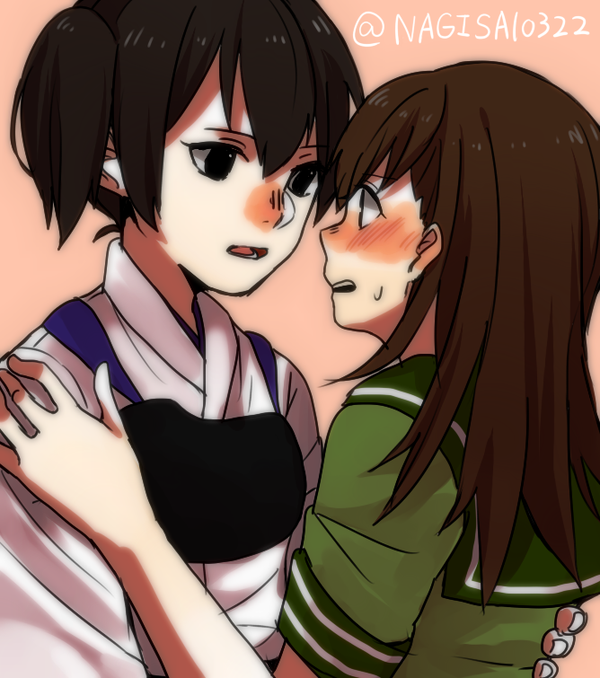 2girls black_eyes black_hair blush brown_hair commentary_request face-to-face hair_between_eyes hand_on_another's_back hand_on_another's_shoulder kaga_(kantai_collection) kantai_collection long_hair looking_at_another multiple_girls muneate nagisa_(12363) ooi_(kantai_collection) open_mouth pink_background short_sleeves sweat twitter_username