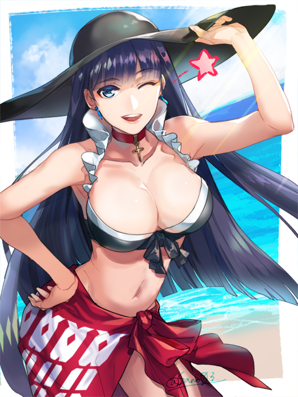 1girl ;d bangs beach bikini black_bikini black_hat blue_eyes blunt_bangs breasts choker cleavage collarbone contrapposto cross cross_choker day earrings eyebrows_visible_through_hair fate/grand_order fate_(series) frilled_bikini frills hand_on_hip hat jewelry large_breasts long_hair looking_at_viewer navel ocean one_eye_closed open_mouth outdoors purple_hair saint_martha saint_martha_(swimsuit_ruler)_(fate) sano_(kabe_03) sarong smile solo star sun_hat swimsuit twitter_username very_long_hair