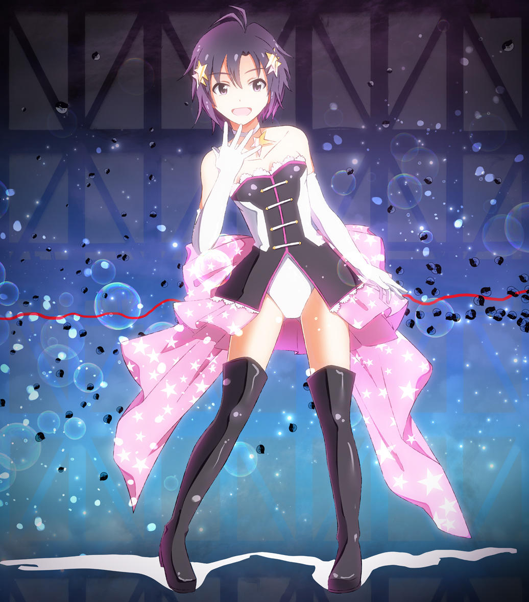 1girl :d antenna_hair back_bow black_footwear boots bow breasts brown_eyes brown_hair choker cleavage collarbone cosplay elbow_gloves full_body gloves hair_between_eyes hair_ornament idolmaster idolmaster_(classic) kikuchi_makoto leotard mawaru_penguindrum ns.x open_mouth pink_bow print_bow purple_hair red_ribbon ribbon shiny shiny_clothes short_hair small_breasts smile solo standing star star_hair_ornament star_print strapless strapless_leotard takakura_himari takakura_himari_(cosplay) thigh-highs thigh_boots two-tone_background white_gloves white_leotard