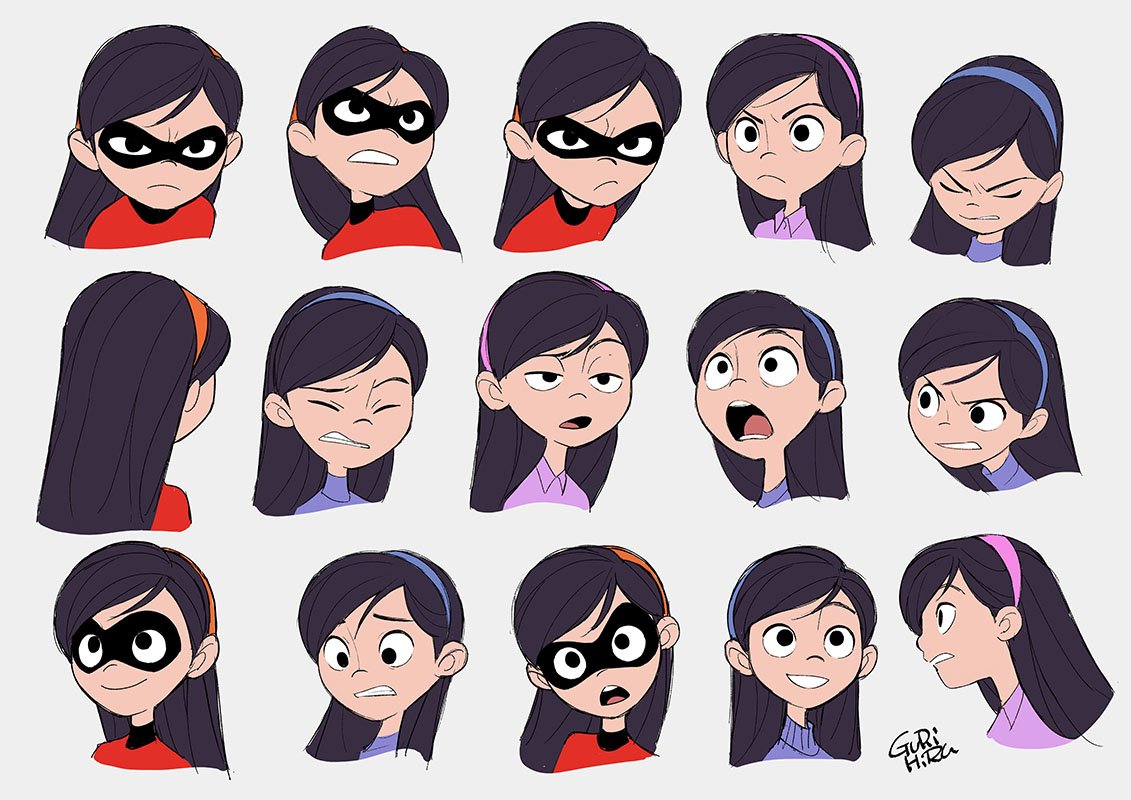 1girl angry artist_name clenched_teeth closed_eyes commentary_request domino_mask expressions frown gurihiru hairband happy mask open_mouth raised_eyebrow raised_eyebrows round_teeth serious signature solo surprised teeth the_incredibles turtleneck unamused violet_parr