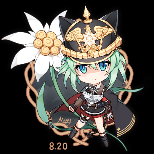 1girl animal_ears animal_hat artist_name bangs black_background black_cape black_dress black_hat black_legwear blue_eyes bow cape cat_ears cat_hat closed_mouth commentary_request dress flower green_bow hair_between_eyes hat head_tilt holding holding_flower iron_cross kneehighs looking_at_viewer mole mole_under_eye mtyy multicolored multicolored_cape multicolored_clothes pleated_dress red_cape simple_background smile solo star white_flower zhan_jian_shao_nyu
