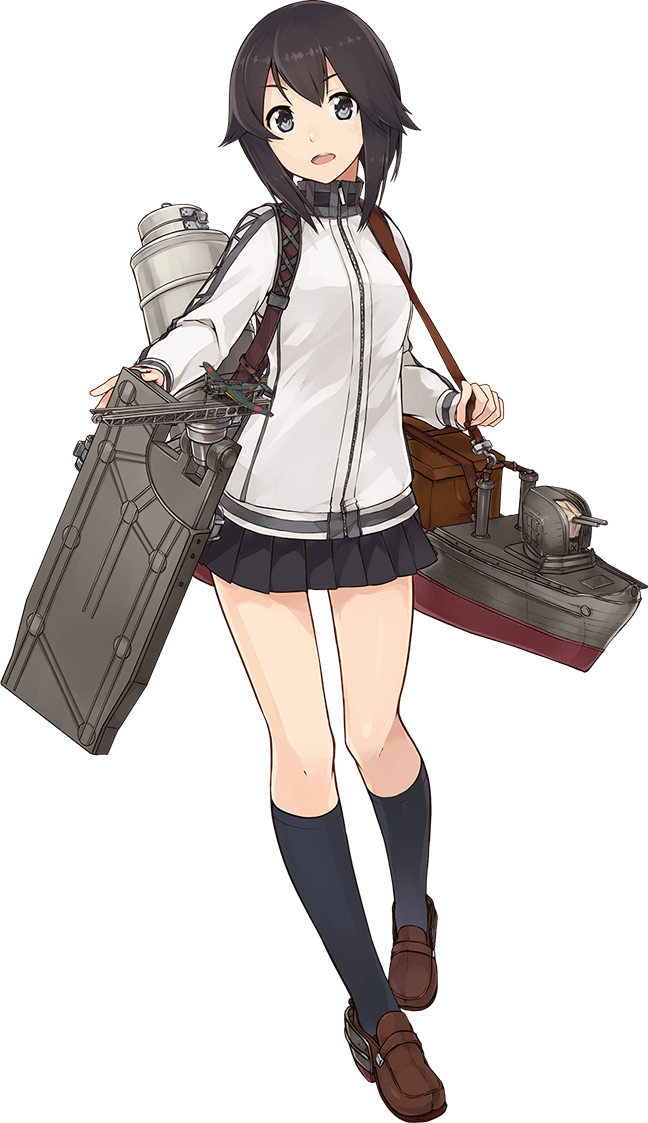 1girl aircraft anchor b7a_ryuusei bangs black_hair blush full_body grey_eyes hayasui_(kantai_collection) jacket kantai_collection kneehighs konishi_(koconatu) loafers looking_at_viewer machinery miniskirt official_art pleated_skirt remodel_(kantai_collection) shoes short_hair skirt solo strap track_jacket transparent_background turret turtleneck