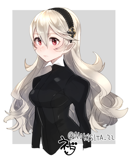 1girl black_hairband closed_mouth female_my_unit_(fire_emblem_if) fire_emblem fire_emblem_if grey_background hairband long_hair long_sleeves my_unit_(fire_emblem_if) negiwo pointy_ears red_eyes simple_background solo twitter_username upper_body white_hair
