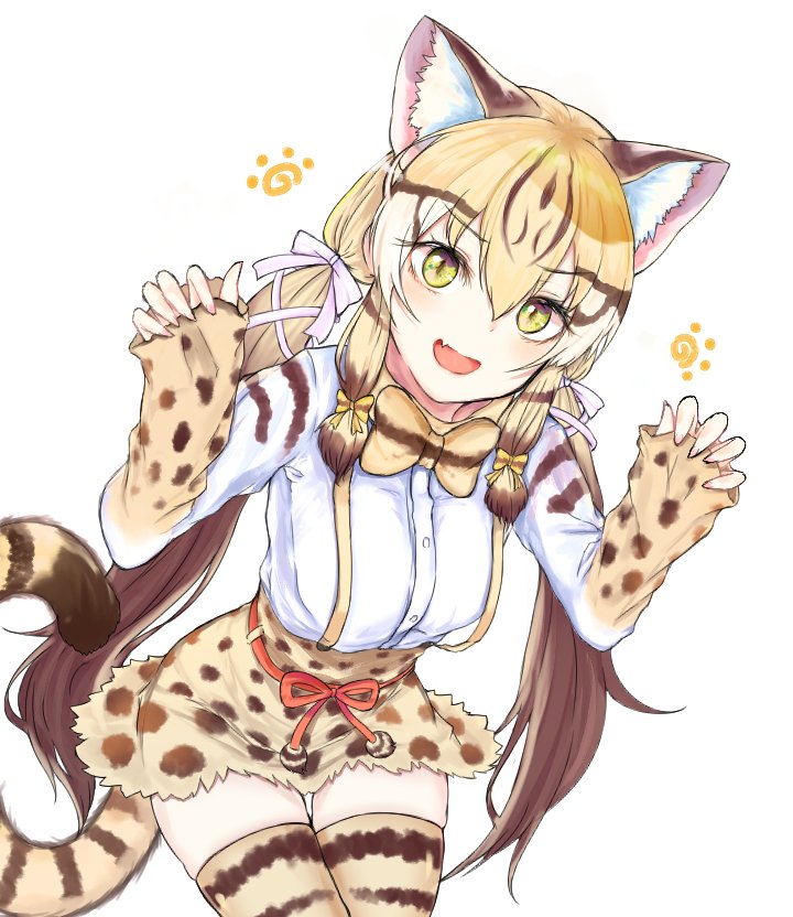 1girl :d animal_ears animal_print blonde_hair bow bowtie brown_hair cat_ears cat_tail claw_pose commentary_request dnsdltkfkd extra_ears eyebrows_visible_through_hair fang geoffroy's_cat_(kemono_friends) gradient_hair hair_between_eyes hair_ribbon kemono_friends korean_commentary leaning_forward long_hair long_sleeves looking_at_viewer low_twintails multicolored_hair open_mouth print_legwear print_neckwear print_shirt print_skirt ribbon shirt simple_background skindentation skirt sleeves_past_wrists smile solo striped_tail suspender_skirt suspenders tail thigh-highs thigh_gap twintails very_long_hair white_background white_ribbon yellow_eyes zettai_ryouiki
