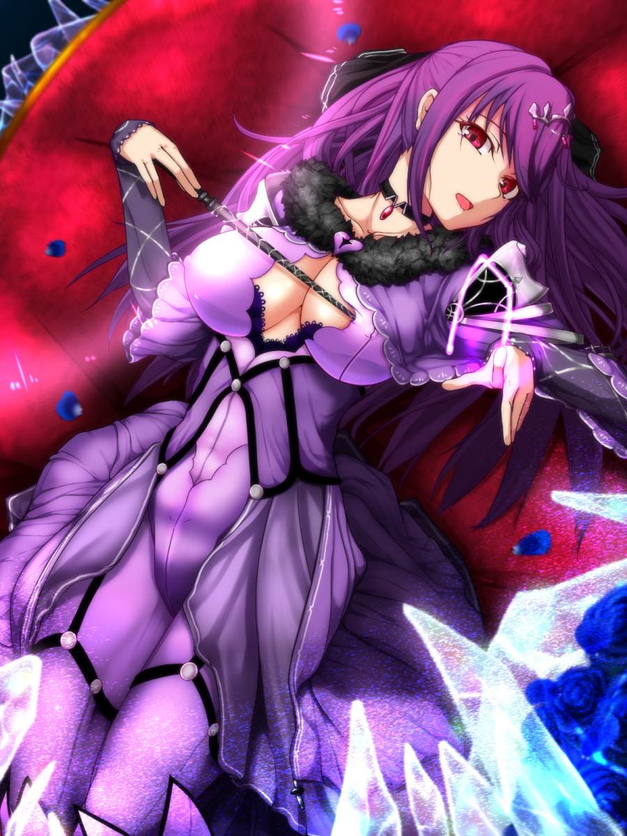 1girl breasts cleavage cleavage_cutout commentary_request dress fate/grand_order fate_(series) highres large_breasts long_hair lying on_back purple_dress purple_hair red_eyes scathach_(fate)_(all) scathach_skadi_(fate/grand_order) solo tiara tsuyukiworks wand