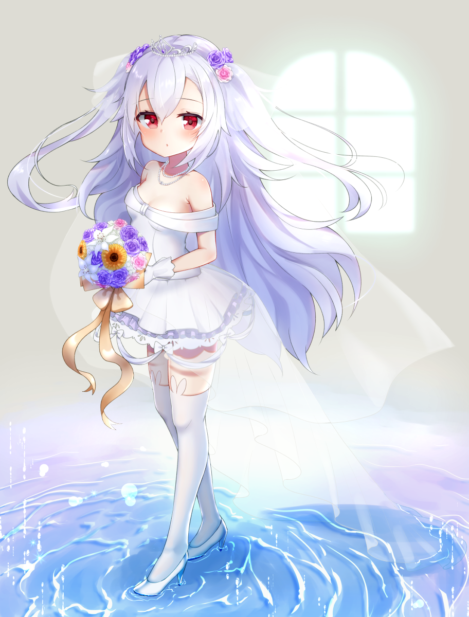 1girl animal_band_legwear azur_lane bangs bare_shoulders blush bouquet bow breasts brown_bow brown_ribbon bunny_band_legwear commentary_request day dress eyebrows_visible_through_hair flower gloves hair_between_eyes hair_flower hair_ornament high_heels highres holding holding_bouquet jewelry koko_ne_(user_fpm6842) laffey_(azur_lane) long_hair looking_at_viewer necklace off-shoulder_dress off_shoulder parted_lips pearl_necklace pink_flower pink_rose purple_flower purple_rose red_eyes ribbon rose see-through shoes silver_hair small_breasts solo standing sunflower sunlight very_long_hair water white_dress white_flower white_footwear white_gloves white_legwear window yellow_flower