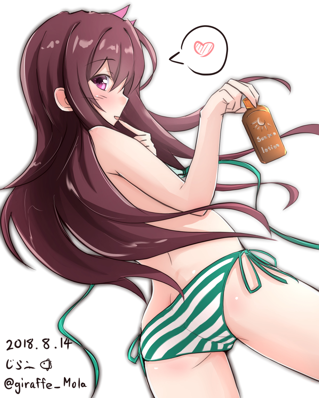 1girl alternate_costume ass back bikini blush butt_crack dated eyebrows_visible_through_hair from_behind giraffe_(ilconte) green_bikini heart highres kantai_collection kisaragi_(kantai_collection) long_hair looking_at_viewer looking_back lotion open_clothes open_mouth purple_hair side-tie_bikini simple_background solo spoken_heart striped striped_bikini sunscreen swimsuit twitter_username untied untied_bikini untied_bikini_top violet_eyes white_background