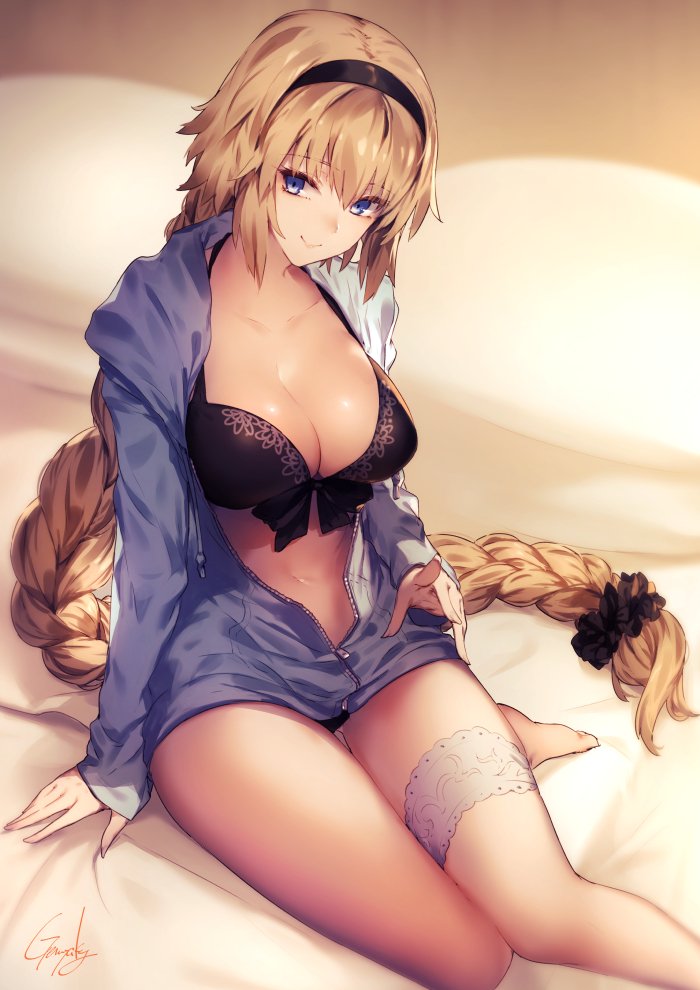 1girl bangs bikini black_bikini blonde_hair blue_eyes braid breasts cleavage commentary_request eyebrows_visible_through_hair fate/grand_order fate_(series) hairband jacket jeanne_d'arc_(fate)_(all) jeanne_d'arc_(swimsuit_archer) kyouya_(mukuro238) large_breasts long_hair looking_at_viewer smile solo swimsuit very_long_hair