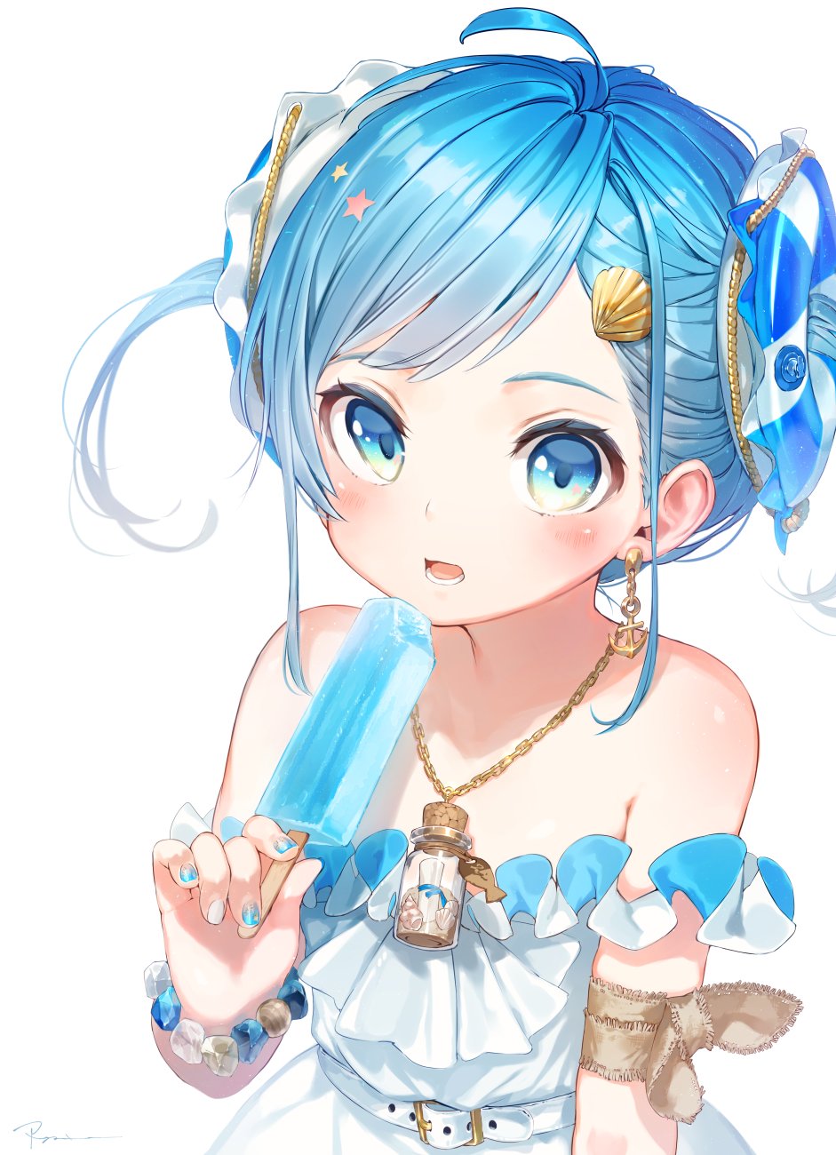 1girl ahoge anchor arm_ribbon asymmetrical_bangs bangs bare_shoulders belt_buckle bite_mark blue_eyes blue_hair blue_nails blush bracelet brown_ribbon buckle cork dress earrings eyebrows_visible_through_hair flat_chest food hair_ornament highres holding holding_food innertube_hair_ornament jewelry looking_at_viewer message_in_a_bottle multicolored multicolored_nails nail_art nail_polish necklace off-shoulder_dress off_shoulder open_mouth original parted_bangs popsicle ribbon ryota_(ry_o_ta) shell_hair_ornament shiny shiny_hair short_hair short_twintails sidelocks signature simple_background single_earring solo star star_hair_ornament twintails upper_body white_background white_belt white_dress white_nails