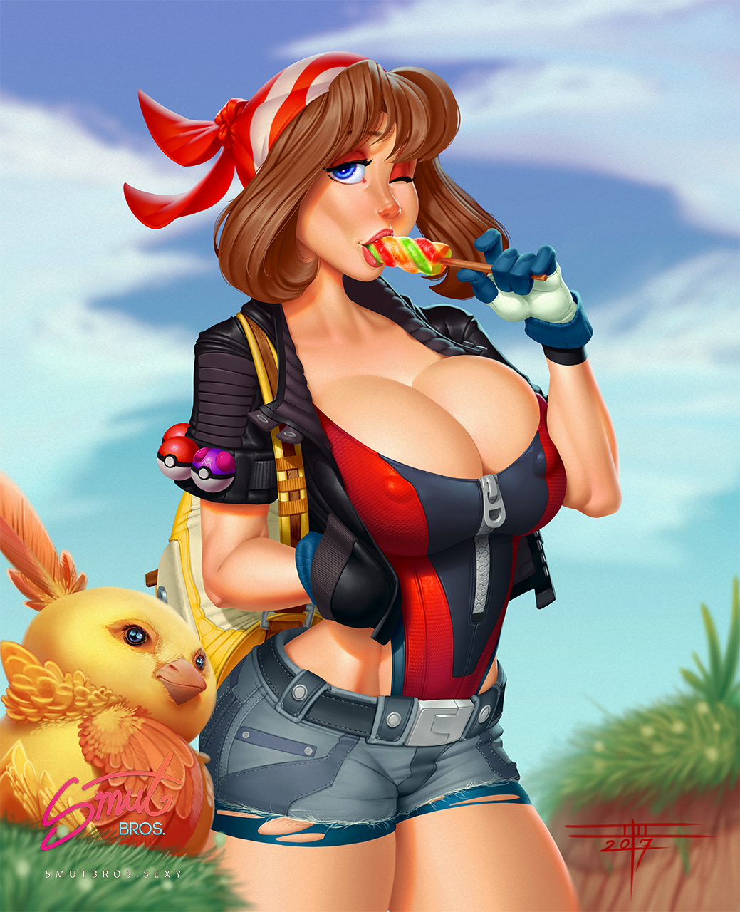 1girl 2017 adapted_costume bandanna belt bike_shorts bike_shorts_under_shorts blue_eyes blue_gloves breasts brown_hair cleavage comic covered_nipples creatures_(company) cropped_jacket cutoffs denim denim_shorts food game_freak gen_3_pokemon gloves hand_in_pocket haruka_(pokemon) highleg highleg_swimsuit highres huge_breasts jacket leather leather_jacket lips lipstick looking_at_viewer makeup master_ball nintendo nose one_eye_closed phallic_symbol poke_ball poke_ball_(generic) pokemon pokemon_(creature) popsicle short_hair short_sleeves shorts solo_focus swimsuit swimsuit_under_clothes taboolicious torchic torn_bike_shorts torn_clothes zipper