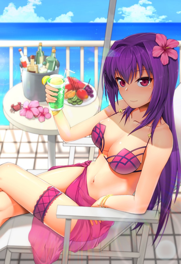 1girl beach_chair bikini blush bottle bracelet breasts cleavage collarbone crab cup drinking_glass fate/grand_order fate_(series) flower food fruit grapes hair_flower hair_ornament holding holding_drinking_glass ice_bucket jewelry kinata_1 large_breasts lemon lemon_slice long_hair looking_at_viewer navel ocean orange orange_slice purple_bikini purple_hair purple_sarong railing red_eyes sarong scathach_(fate)_(all) scathach_(fate/grand_order) scathach_(swimsuit_assassin)_(fate) sitting smile solo swimsuit table thigh_strap