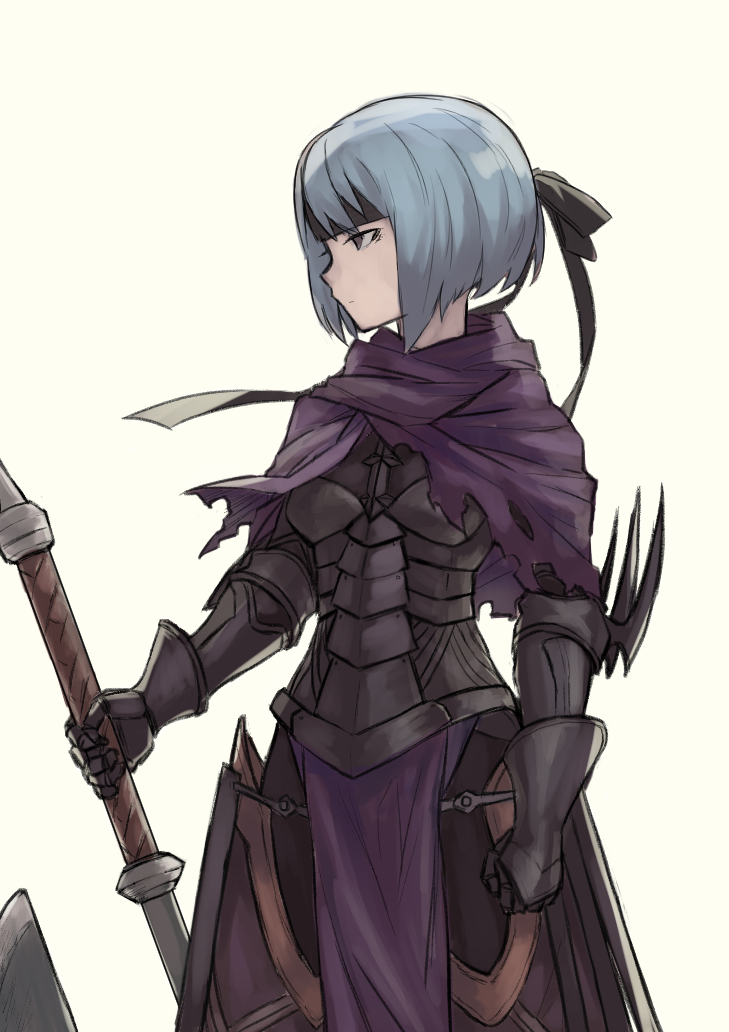 1girl arm_blade armor armored_boots axe berka_(fire_emblem_if) black_eyes boots breasts capelet cowboy_shot fire_emblem fire_emblem_if gauntlets headband pelvic_curtain profile short_hair silver_hair simple_background small_breasts solo weapon white_background yuhkirby