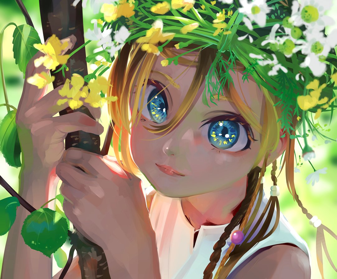 1girl blonde_hair blue_eyes closed_mouth commentary daisy eyes flower hair_between_eyes hands_up head_wreath leaf litra_(ltr0312) looking_at_viewer original smile solo symbol_commentary white_flower