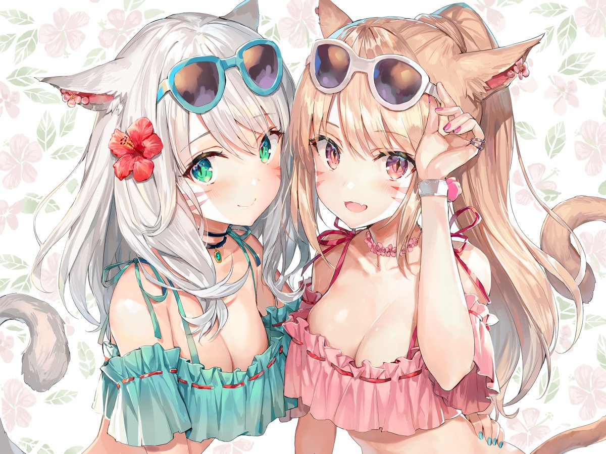 2girls adjusting_eyewear animal_ears armband bangs bikini blonde_hair blush breasts cat_ears cat_girl cat_tail choker cleavage eyebrows_visible_through_hair eyewear_on_head fang final_fantasy final_fantasy_xiv floral_background flower frilled_bikini frills green_eyes hair_flower hair_ornament hand_on_another's_hip hibiscus jewelry large_breasts leaf leaf_background medium_breasts medium_hair miqo'te momoko_(momopoco) multiple_girls nail_polish open_mouth ponytail red_eyes ribbon_choker ring smile sunglasses swept_bangs swimsuit tail watch watch whisker_markings white_hair