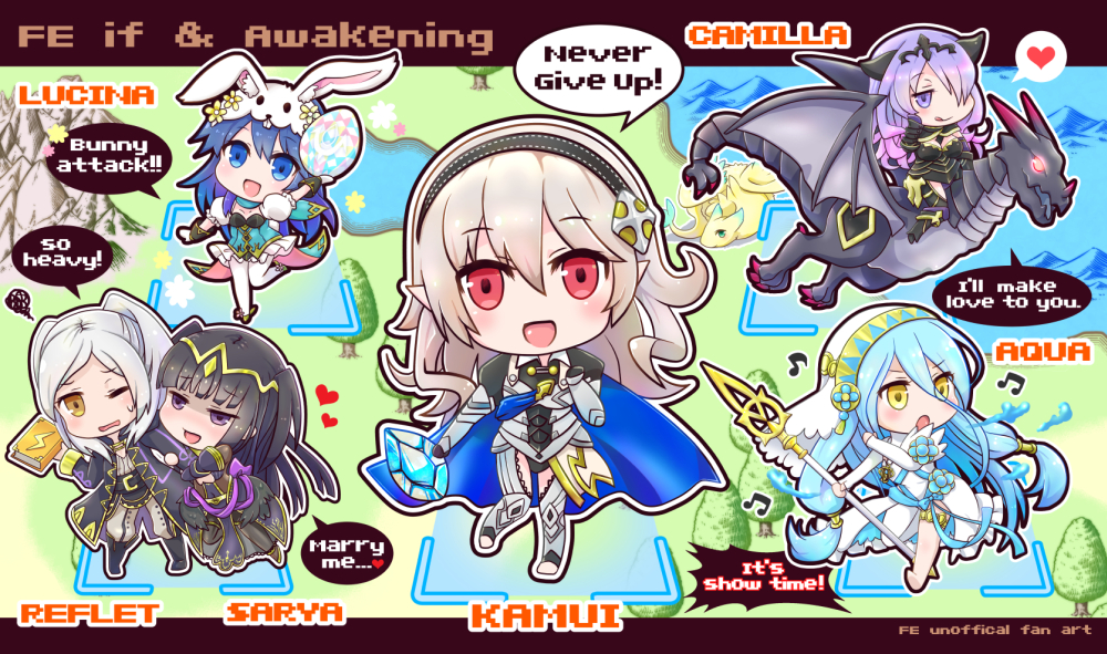 6+girls :q animal_ears aqua_(fire_emblem_if) arm_hug arm_up armor belt black_armor black_dress black_hair black_hairband blue_cape blue_eyes blue_hair book camilla_(fire_emblem_if) cape character_name chibi copyright_name dragon dress easter_egg egg english fake_animal_ears female_my_unit_(fire_emblem:_kakusei) female_my_unit_(fire_emblem_if) fire_emblem fire_emblem:_kakusei fire_emblem_heroes fire_emblem_if gloves hair_over_one_eye hairband heart holding holding_book holding_lance lance leotard licking_lips long_hair lucina mountain multiple_girls musical_note my_unit_(fire_emblem:_kakusei) my_unit_(fire_emblem_if) nekomikoalice one_eye_closed open_mouth pointy_ears polearm purple_hair rabbit_ears red_eyes riding robe spoken_heart standing standing_on_one_leg tharja tiara tongue tongue_out tree twintails veil violet_eyes water weapon white_dress white_hair wyvern yellow_eyes