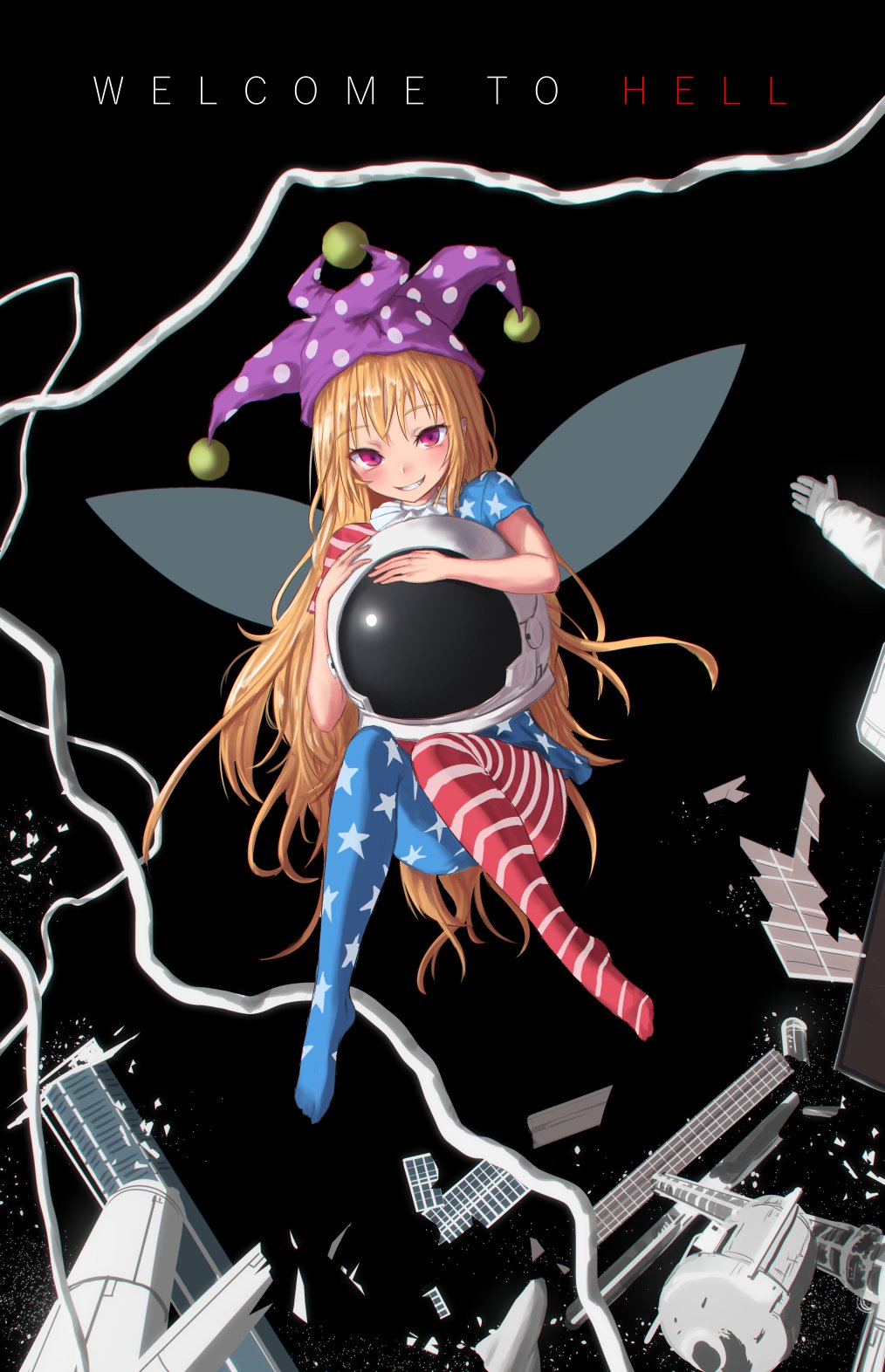 1girl american_flag_legwear american_flag_shirt astronaut_helmet bangs blonde_hair blush clownpiece fairy_wings floating grin hat helmet highres holding holding_helmet jester_cap long_hair looking_at_viewer pantyhose reflective_eyes roke_(taikodon) satellite shiny shiny_hair short_sleeves smile solo space sun touhou transparent_wings very_long_hair violet_eyes wings wreckage