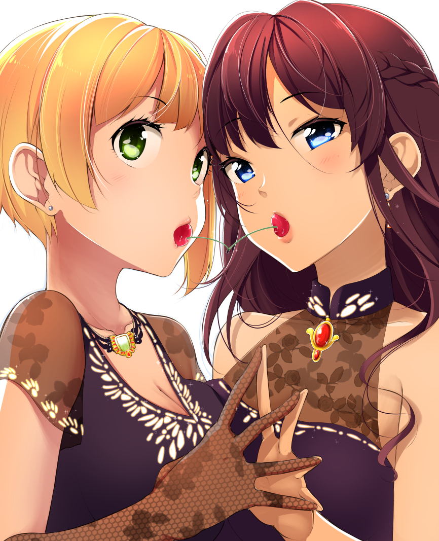 2girls blonde_hair blue_eyes blush braid breast_press breasts brown_gloves cherry cleavage commentary_request fishnet_gloves fishnets food french_braid fruit gloves green_eyes ichinose_shiki idolmaster idolmaster_cinderella_girls jewelry large_breasts long_hair looking_at_viewer miyamoto_frederica mouth_hold multiple_girls necklace redhead shachi_kamaboko shared_food short_hair simple_background symmetrical_docking white_background