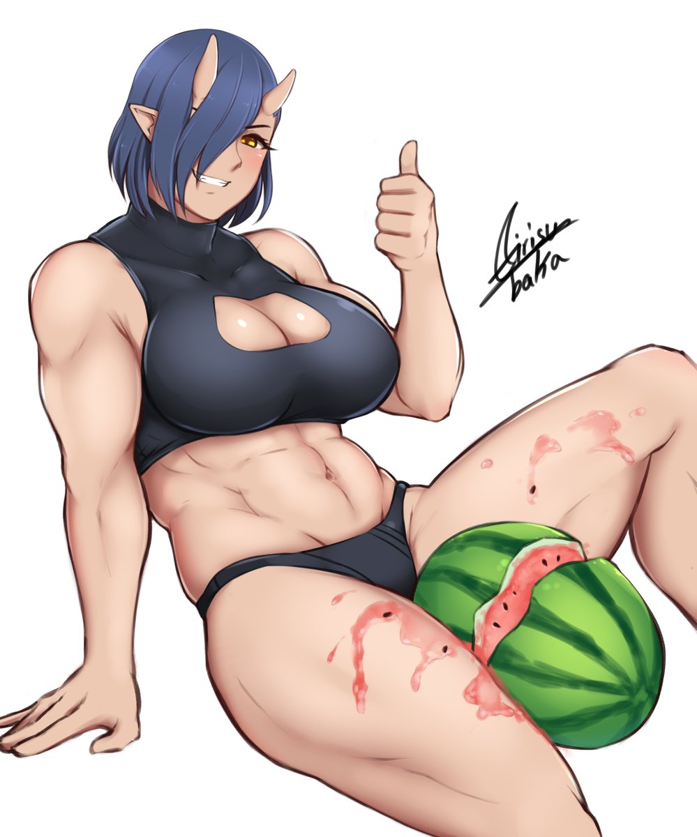 1girl airisubaka blue_hair breasts cleavage_cutout earrings elf-san_wa_yaserarenai. food fruit grin hair_over_one_eye highres jewelry large_breasts muscle muscular_female oga-san oni_horns pointy_ears short_hair signature simple_background smile solo thumbs_up watermelon white_background yellow_eyes