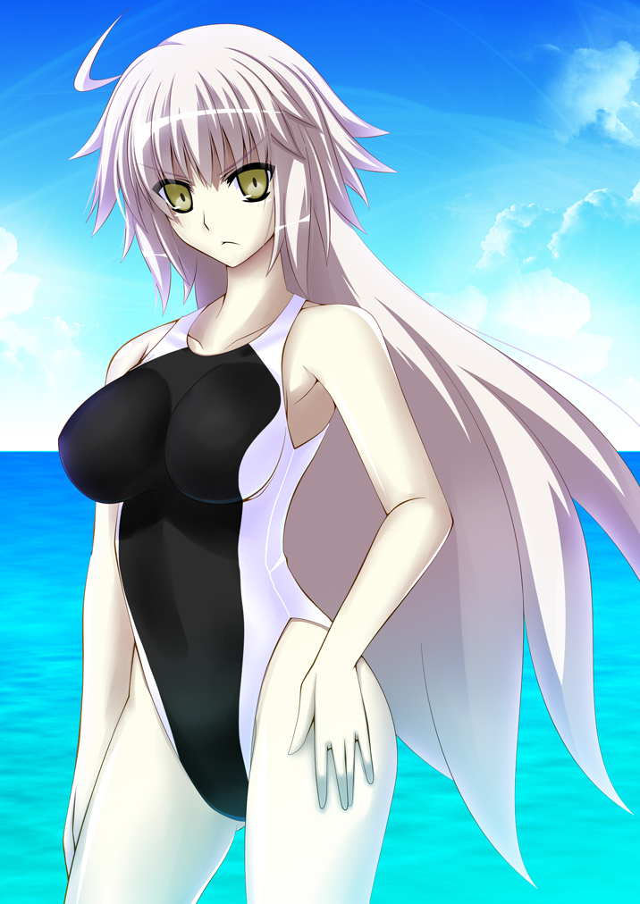 1girl breasts competition_swimsuit covered_navel cowboy_shot engo_(aquawatery) fate/grand_order fate_(series) highleg highleg_swimsuit jeanne_d'arc_(alter)_(fate) jeanne_d'arc_(fate)_(all) long_hair looking_at_viewer one-piece_swimsuit silver_hair solo swimsuit yellow_eyes
