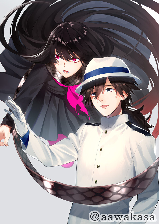 1boy 1girl :d bangs black_eyes black_hair black_shirt black_skirt brown_hair brown_scarf commentary_request eyebrows_visible_through_hair fate/grand_order fate_(series) flying gloves gradient_hair grey_background hair_between_eyes hand_up hat head_tilt jacket long_hair long_sleeves multicolored_hair neckerchief open_mouth oryou_(fate) pantyhose pink_legwear pink_neckwear pleated_skirt red_eyes redhead ryuuki_(hydrangea) sakamoto_ryouma_(fate) scarf shirt simple_background skirt smile standing torn_clothes torn_neckerchief twitter_username very_long_hair white_gloves white_hat white_jacket