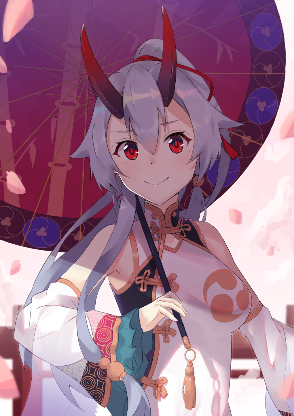 1girl breasts cherry_blossoms china_dress chinese_clothes detached_sleeves dress fate/grand_order fate_(series) hair_ribbon heroic_spirit_traveling_outfit highres kusubii light_blush long_hair looking_at_viewer oni_horns oriental_umbrella petals ponytail red_eyes red_ribbon ribbon silver_hair smile solo tomoe_(symbol) tomoe_gozen_(fate/grand_order) umbrella