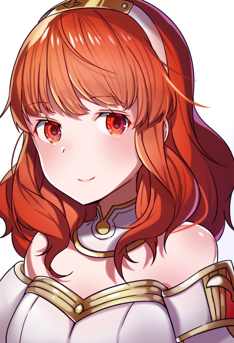 1girl bare_shoulders celica_(fire_emblem) closed_mouth cute detached_collar fire_emblem fire_emblem_echoes:_mou_hitori_no_eiyuuou fire_emblem_gaiden hair_ornament hairband highres intelligent_systems long_hair moe nintendo red_eyes redhead ringozaka_mariko simple_background smile solo white_background