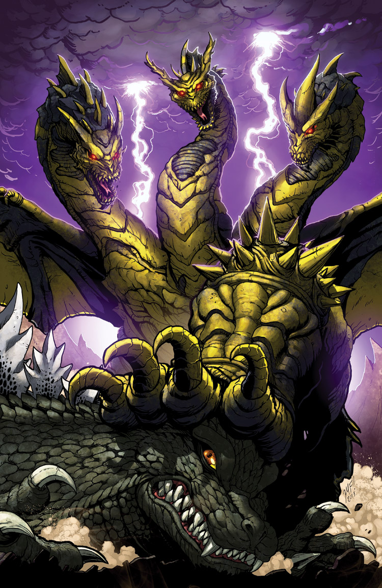 battle claws clouds dragon fangs glowing glowing_eyes godzilla godzilla_(series) horns kaiju_samurai kaijuu keizer_ghidorah lightning monster multiple_heads no_humans official_art open_mouth personification red_eyes scales sharp_teeth tail teeth wings