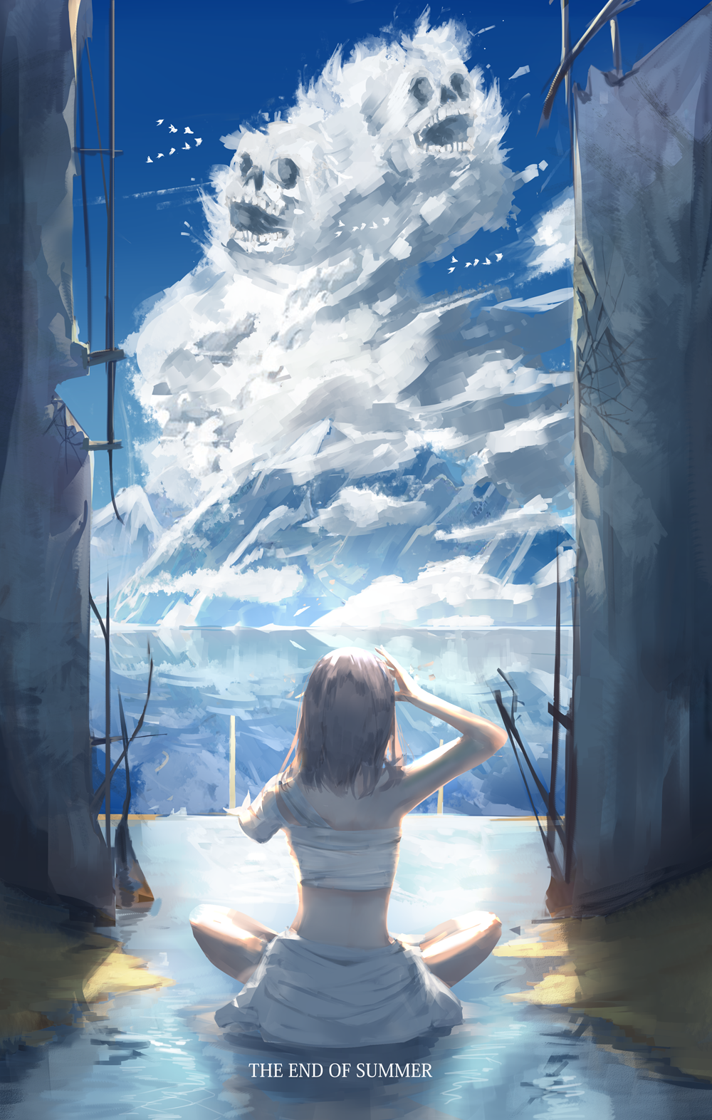 1girl amputee arms_up bandage bare_shoulders bird blue_sky brown_hair clouds commentary_request day english facing_away from_behind hand_on_own_head highres indian_style long_hair mountain mountainous_horizon on_ground original outdoors ruins scenery sitting skirt skull sky suigetsu_(hjs1106) white_skirt