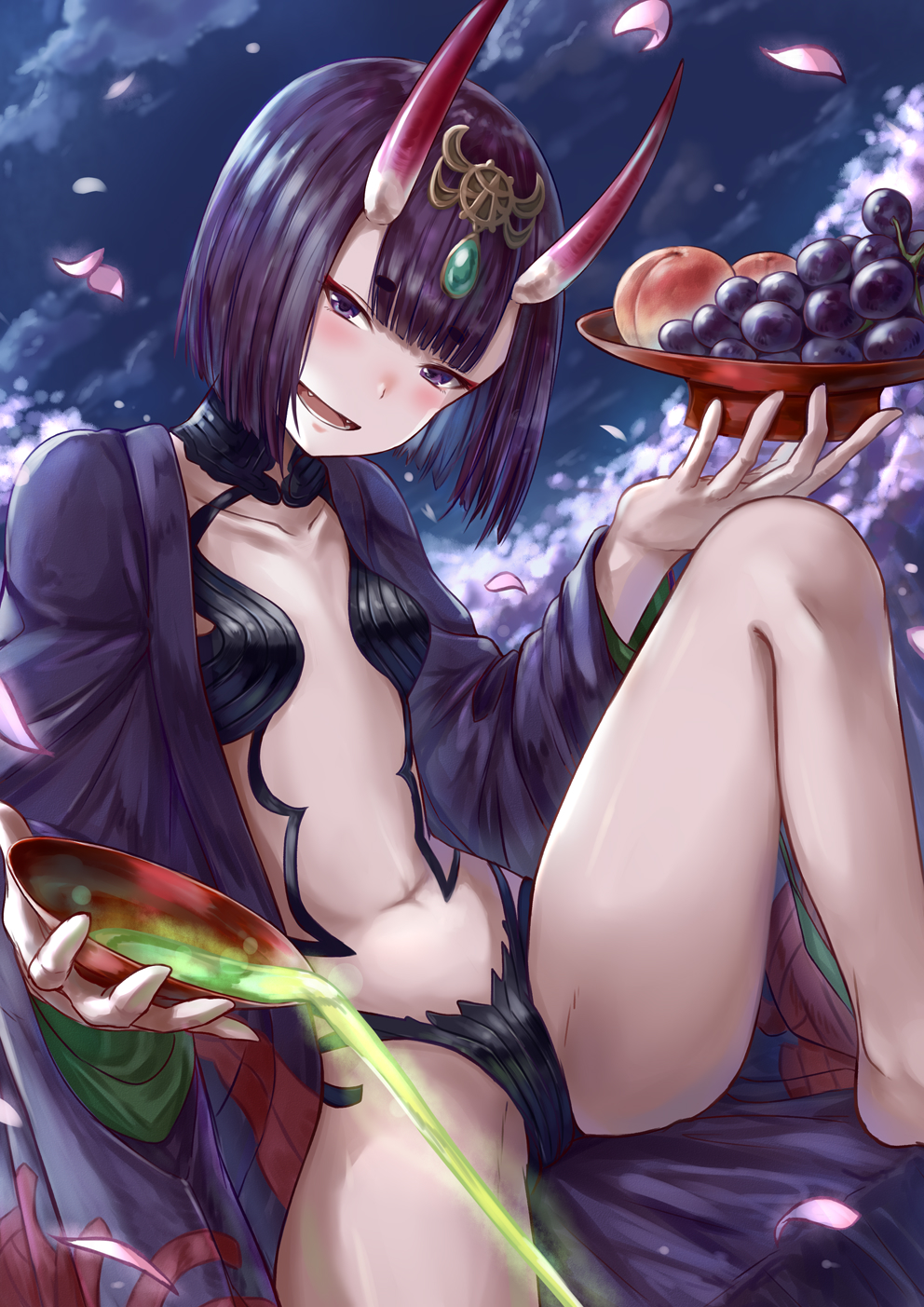 1girl :d alcohol bangs bare_legs barefoot blue_sky blush breasts clouds collarbone commentary_request cup day eyebrows_visible_through_hair fangs fate/grand_order fate_(series) food fruit gohei_(aoi_yuugure) grapes headpiece highres holding horns japanese_clothes kimono navel oni oni_horns open_clothes open_kimono open_mouth outdoors peach petals purple_hair purple_kimono revealing_clothes sakazuki sake short_hair shuten_douji_(fate/grand_order) sky small_breasts smile solo violet_eyes