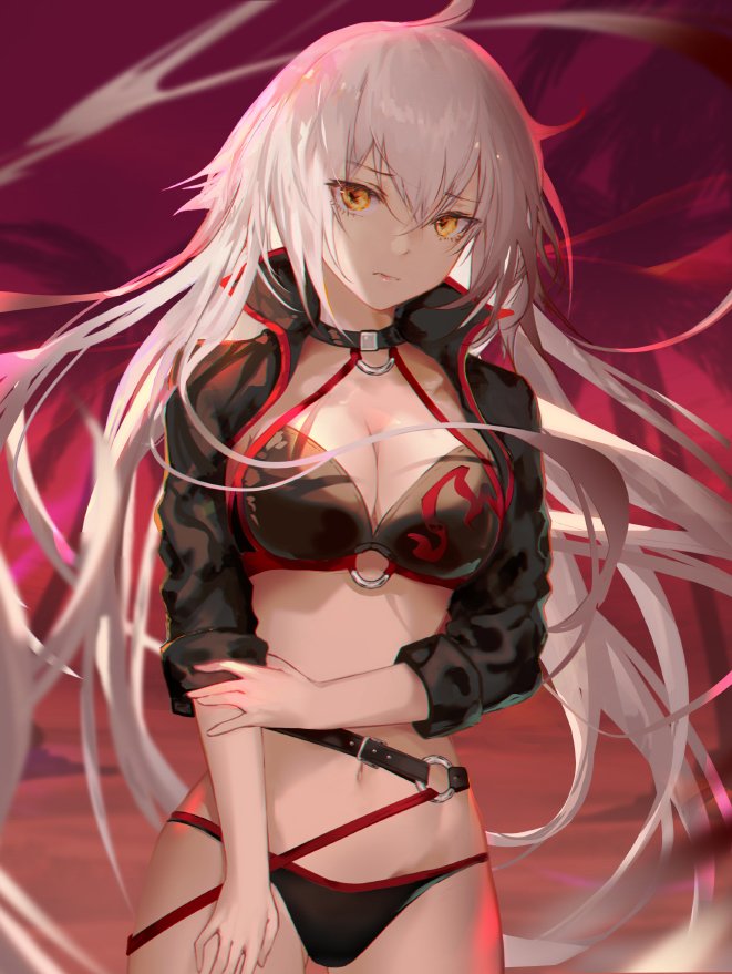 1girl ahoge bikini black_bikini black_jacket breasts choker cleavage closed_mouth commentary_request eyebrows_visible_through_hair fate/grand_order fate_(series) floating_hair hair_between_eyes jacket jeanne_d'arc_(alter_swimsuit_berserker) jeanne_d'arc_(fate)_(all) jname large_breasts long_hair looking_at_viewer o-ring red_background solo swimsuit yellow_eyes