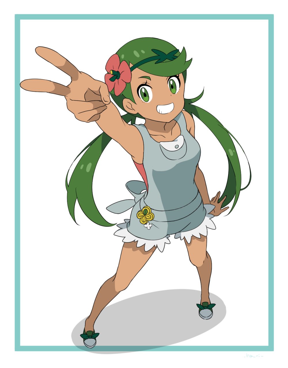 1girl arm_up creatures_(company) dark_skin flower full_body game_freak green_eyes green_hair grin hair_flower hair_ornament hari611 highres long_hair mallow_(pokemon) nintendo overalls pokemon pokemon_(game) pokemon_sm simple_background smile solo standing trial_captain twintails v white_background