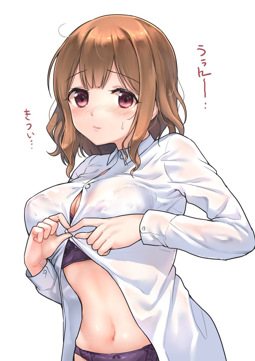 1girl blush bow bow_panties bra breasts brown_hair buttoning collared_shirt dressing embarrassed fukuroumori highres large_breasts long_sleeves looking_at_viewer navel nose_blush original panties pink_eyes purple_bra purple_panties shirt short_hair simple_background solo sweatdrop translated underwear upper_body white_background white_shirt wing_collar