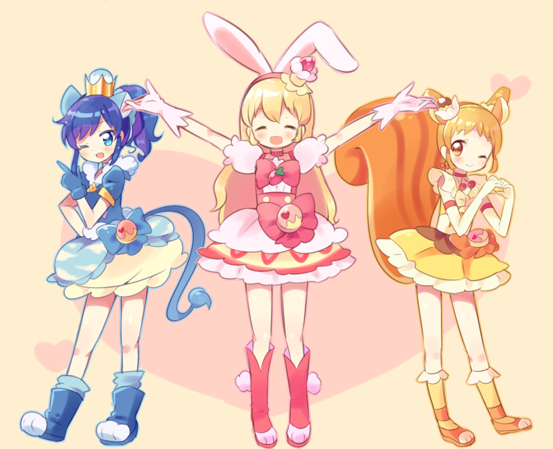 3girls :d ;) ;d ^_^ ^o^ aikatsu! aikatsu!_(series) animal_ears arisugawa_otome arms_up blonde_hair blue_eyes blue_hair blush boots bow bowtie brown_eyes cake_hair_ornament choker closed_eyes closed_eyes commentary_request cosplay cure_custard cure_custard_(cosplay) cure_gelato cure_gelato_(cosplay) cure_whip cure_whip_(cosplay) double_bun dress earrings elbow_gloves extra_ears finger_gun food food_themed_hair_ornament fruit gloves hair_ornament heart heart_background heart_hands hoshimiya_ichigo jewelry kimoko kirakira_precure_a_la_mode kiriya_aoi lion_ears lion_tail long_hair looking_at_viewer magical_girl multiple_girls namesake one_eye_closed open_mouth orange_hair precure puffy_sleeves rabbit_ears side_ponytail skirt smile squirrel_ears squirrel_tail strawberry tail