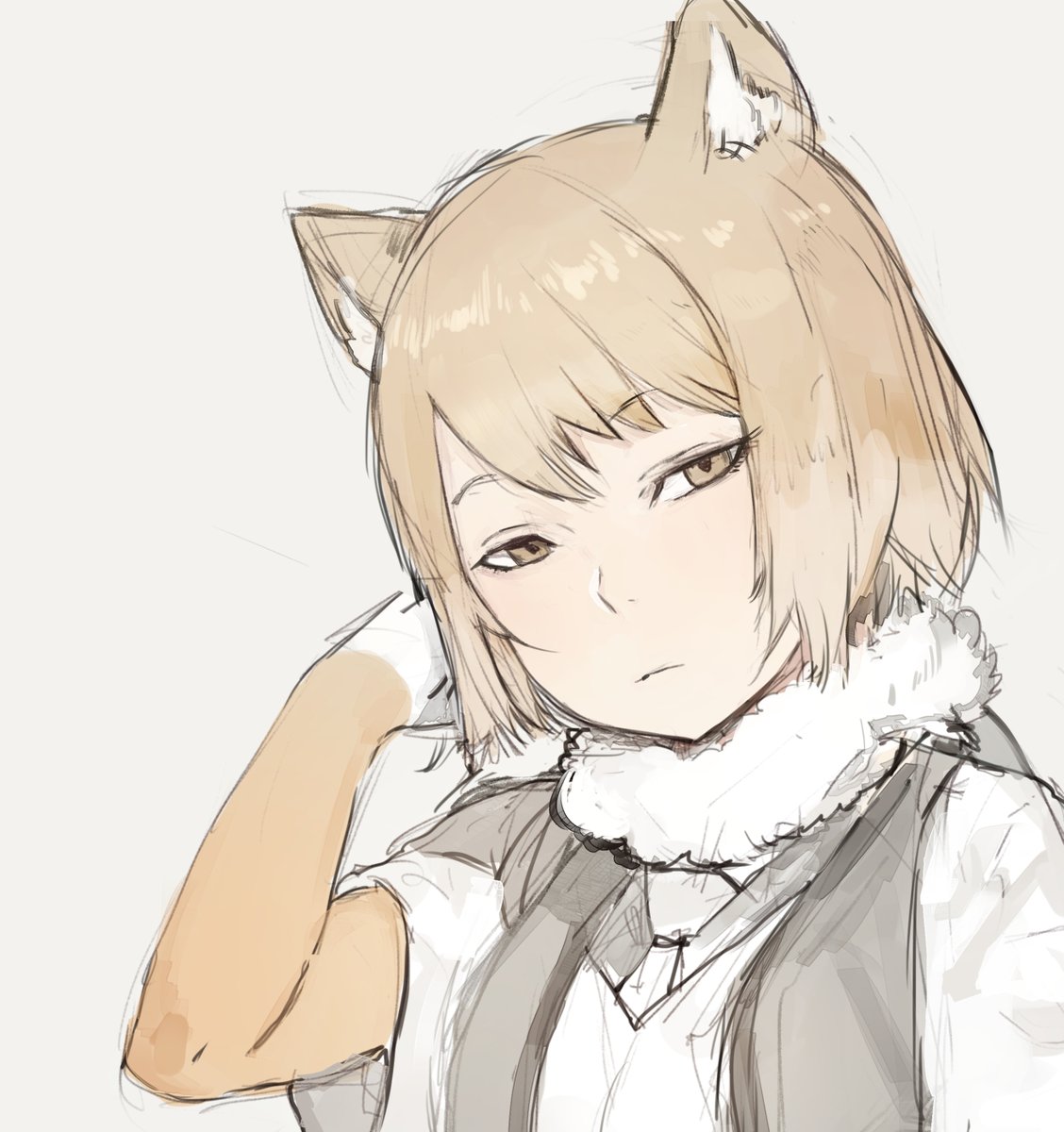 1girl animal_ears blonde_hair closed_mouth elbow_gloves fox_ears fur_collar gloves grey_background highres hiranko kemono_friends looking_at_viewer simple_background sketch solo tibetan_sand_fox_(kemono_friends) upper_body vest yellow_eyes